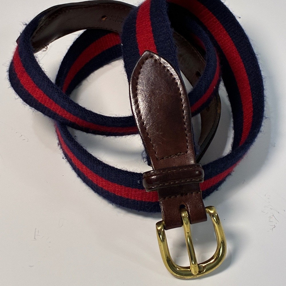 Vtg 90s Navy Red Stripe Web Belt 36 Leather Brass Preppy Equestrian Old Money